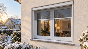 Fliegengitter im Winter: Spannrahmen wird von innen aus dem Kunststofffenster genommen