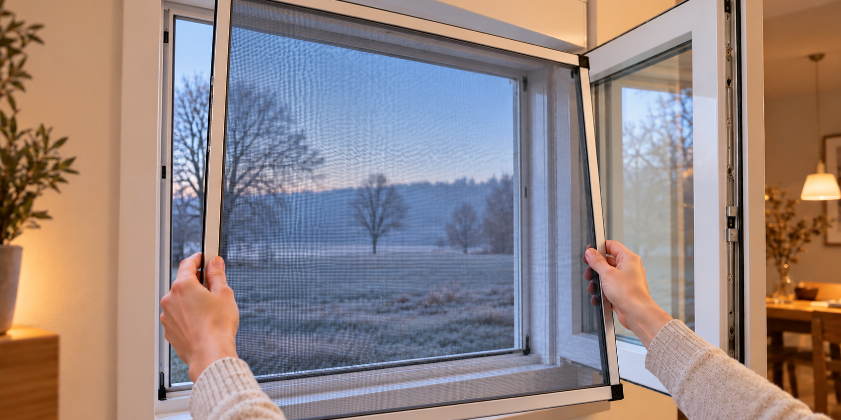 Fliegengitter im Winter Fliegengitter im Winter: Spannrahmen wird von innen aus dem Kunststofffenster genommen